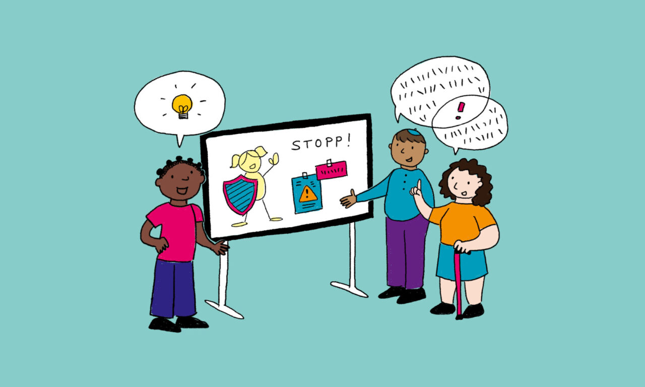 Drei Kinder sprechen über ein Plakat mit der Aufschrift „Stopp!“. Darauf sind Warnzeichen und eine gezeichnete Figur mit Schutzschild zu sehen.