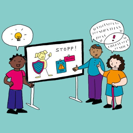 Drei Kinder sprechen über ein Plakat mit der Aufschrift „Stopp!“. Darauf sind Warnzeichen und eine gezeichnete Figur mit Schutzschild zu sehen.