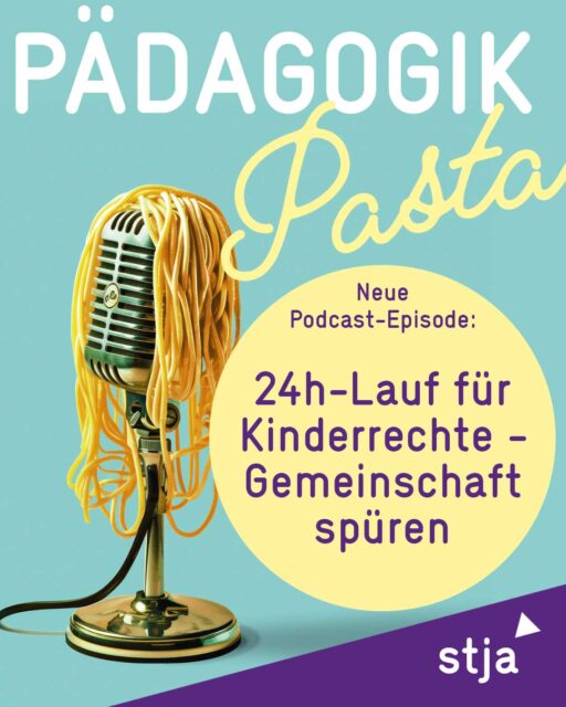 Podcast-Ankündigung, Podcast-Thema ist: "24h-Lauf für Kinderrechte - Gemeinschaft spüren"