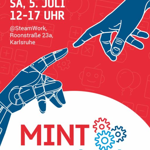 Veranstaltungsplakat mit zwei Roboterhänden, deren Finger sich fast berühren und den Veranstaltungsinformationen