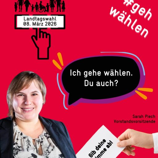 Plakat mit Sarah Piech, der Vorstandsorsitzenden des stja. MIt den Texthinweisen: "Ich gehe wählen. Du auchj?", "#gej wählen", "Landtagswahl 08. März 2026".